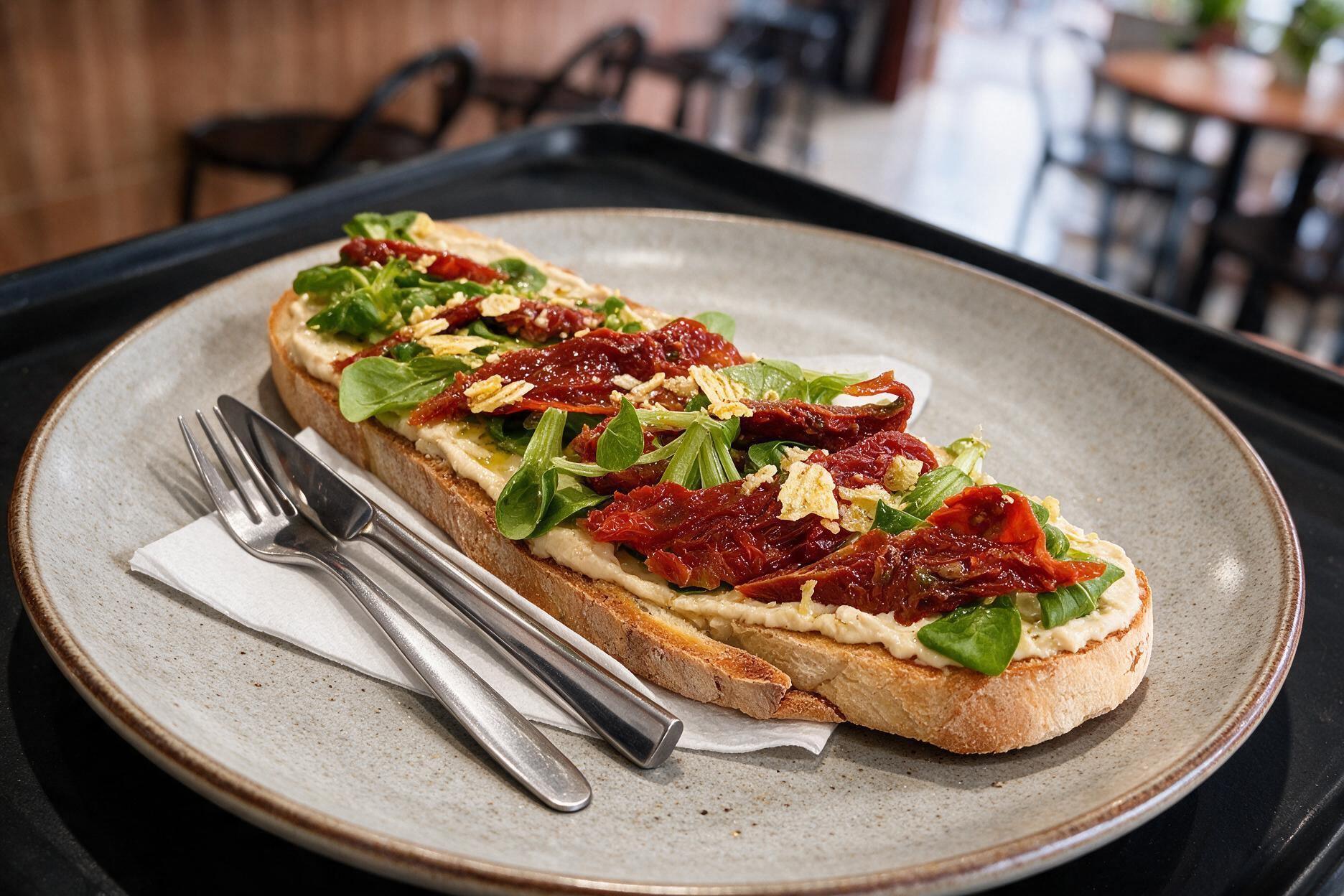 Tosta Humeante con hummus, brotes tiernos y tomate seco de Café Nueva Viena